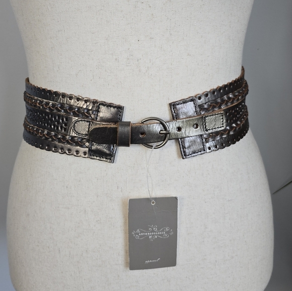 Anthropologie New Linea Pelle Leather Metallic Woven Statement Belt Size Large - Picture 9 of 9